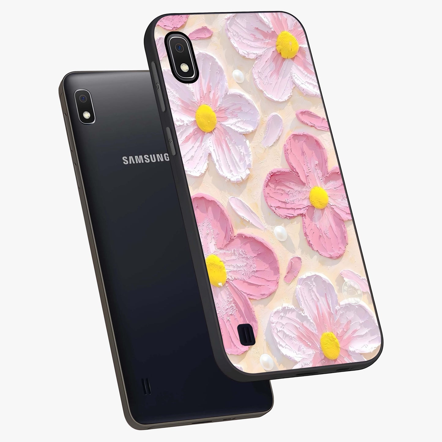Blush Bloom Texture Glass Case displayed in angled mockup highlighting subtle bloom pattern with aesthetic pastel design.