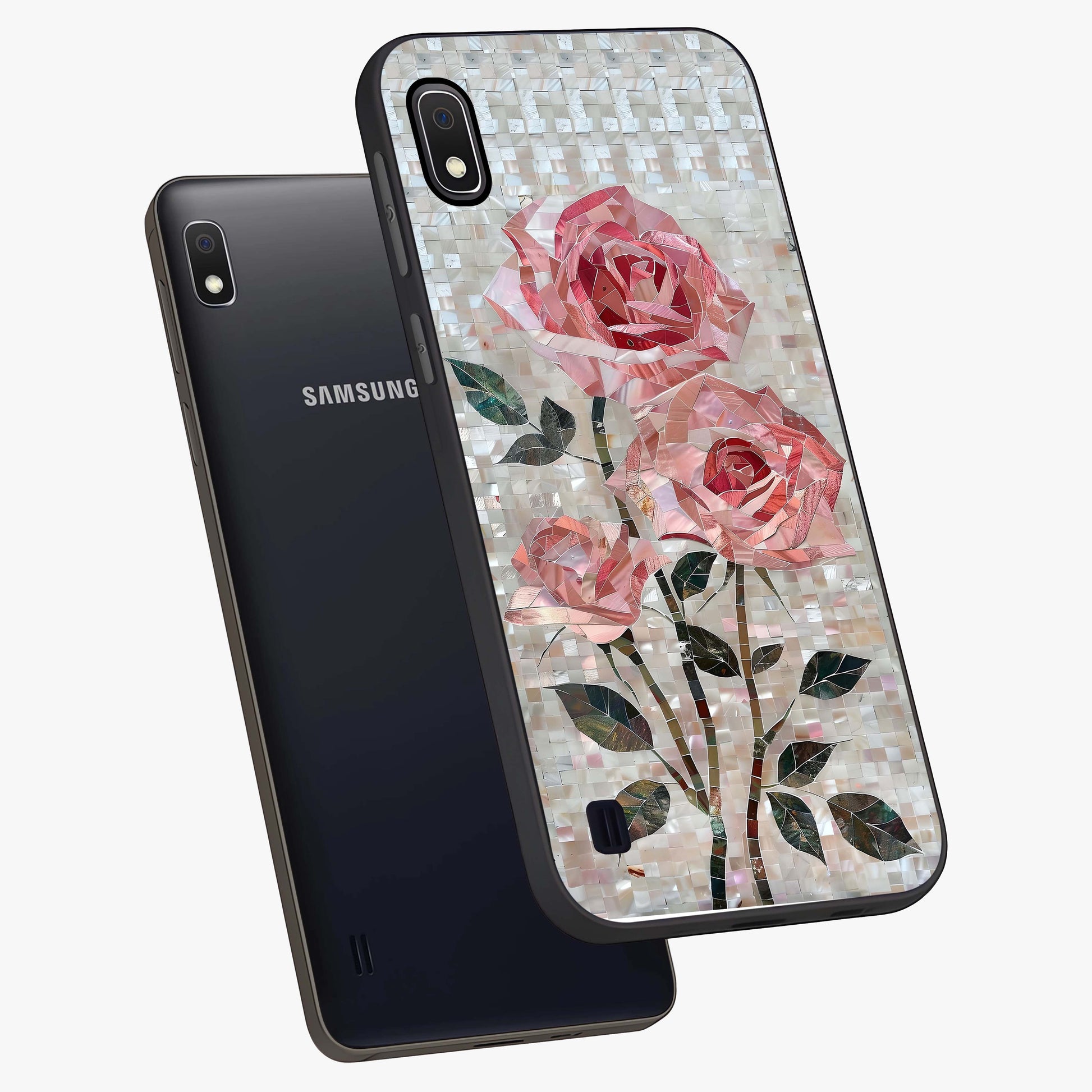 Blush Mosaic Bloom Glass Case displayed in angled mockup highlighting artistic mosaic flower pattern with aesthetic design.
