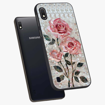 Blush Mosaic Bloom Glass Case displayed in angled mockup highlighting artistic mosaic flower pattern with aesthetic design.