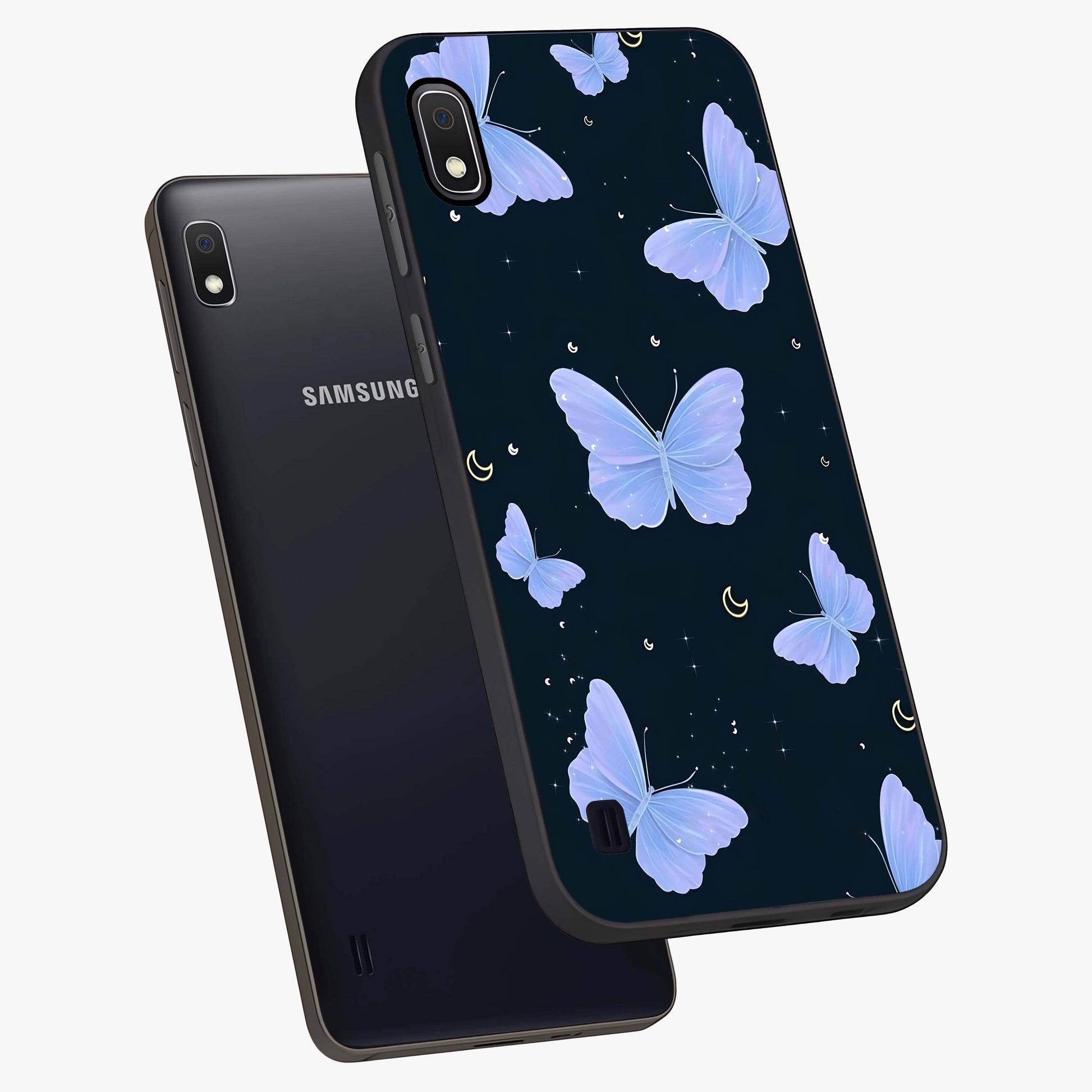 Butterfly With Stars Pattern Glass Case displayed in angled mockup highlighting dreamy butterfly and star design with aesthetic theme.