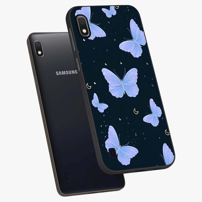 Butterfly With Stars Pattern Glass Case displayed in angled mockup highlighting dreamy butterfly and star design with aesthetic theme.