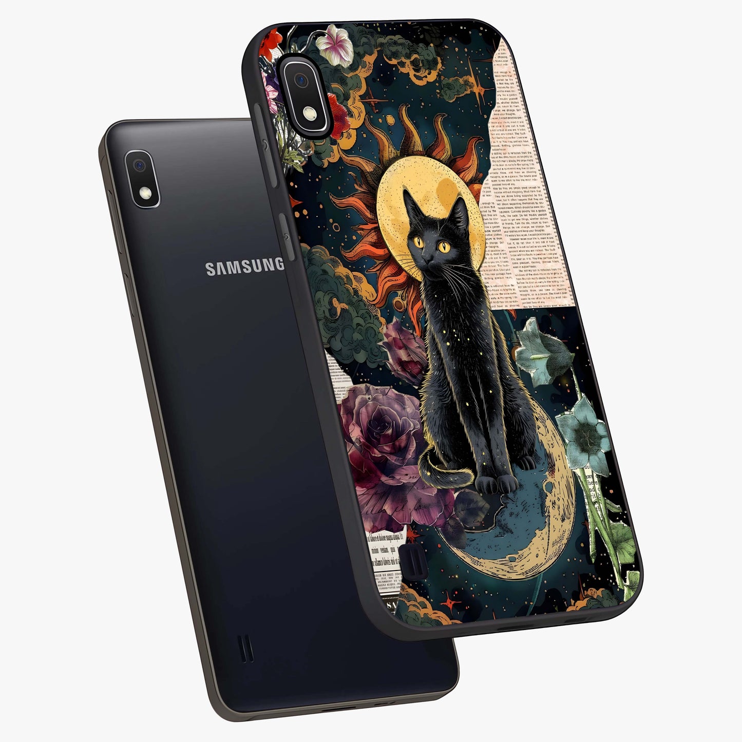 Celestial Black Cat Glass Case displayed in angled mockup highlighting cosmic black cat design with celestial aesthetic.