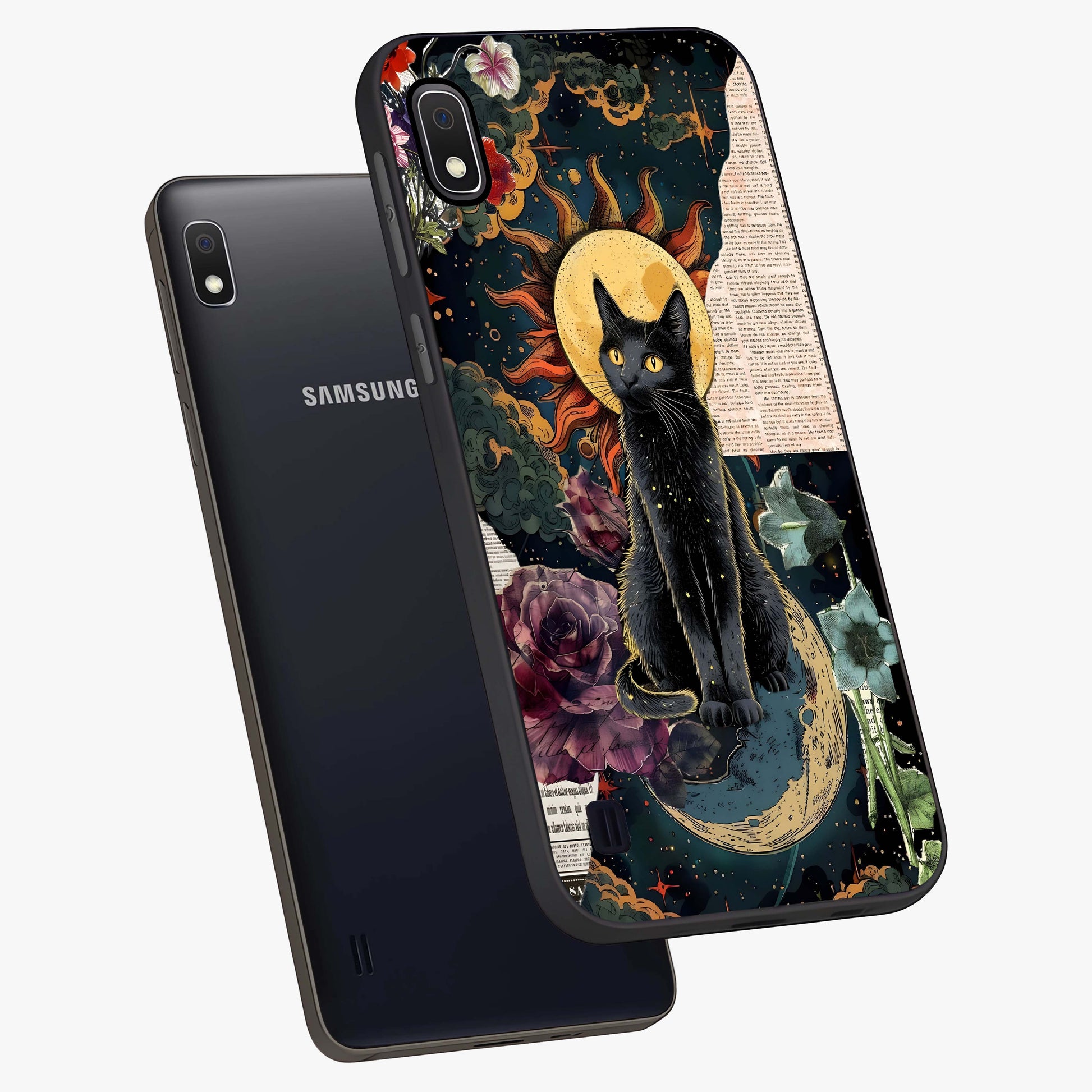 Celestial Black Cat Glass Case displayed in angled mockup highlighting cosmic black cat design with celestial aesthetic.
