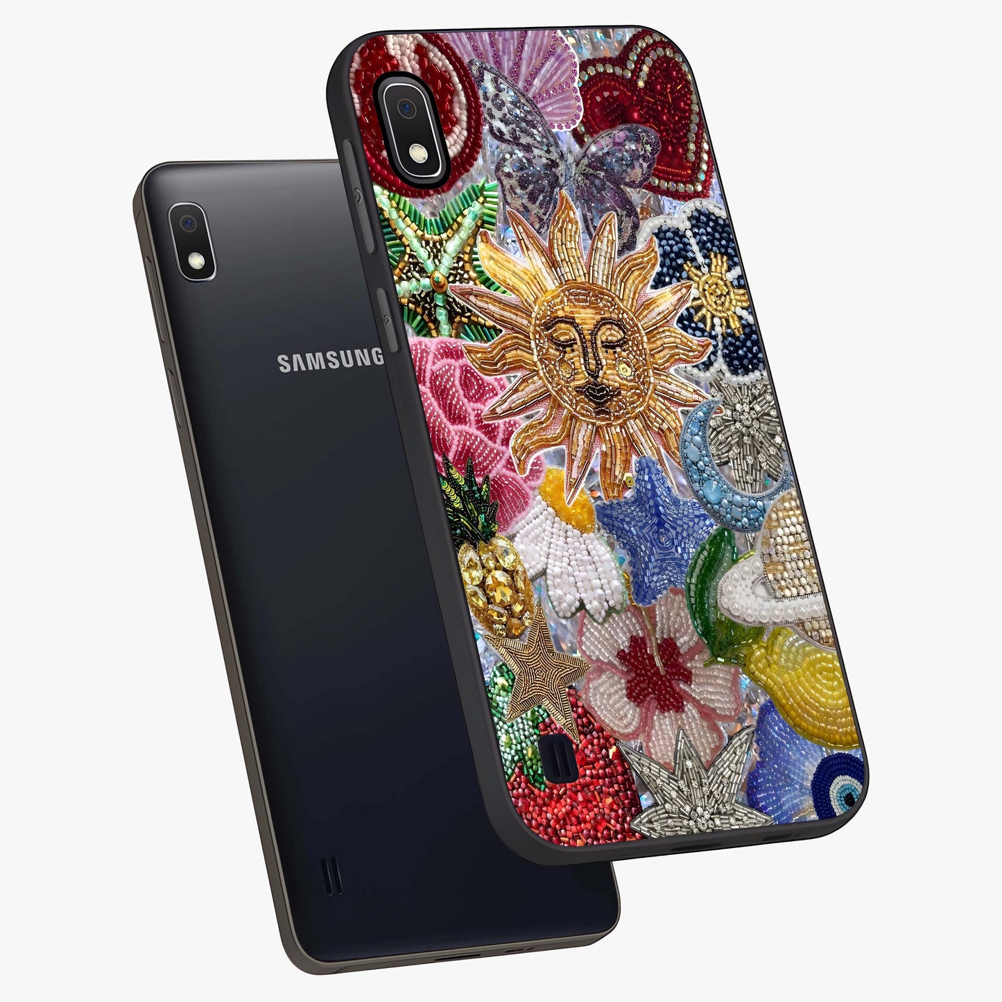Celestial Floral and Playful Glass Case displayed in angled mockup highlighting playful floral design with dreamy celestial elements.