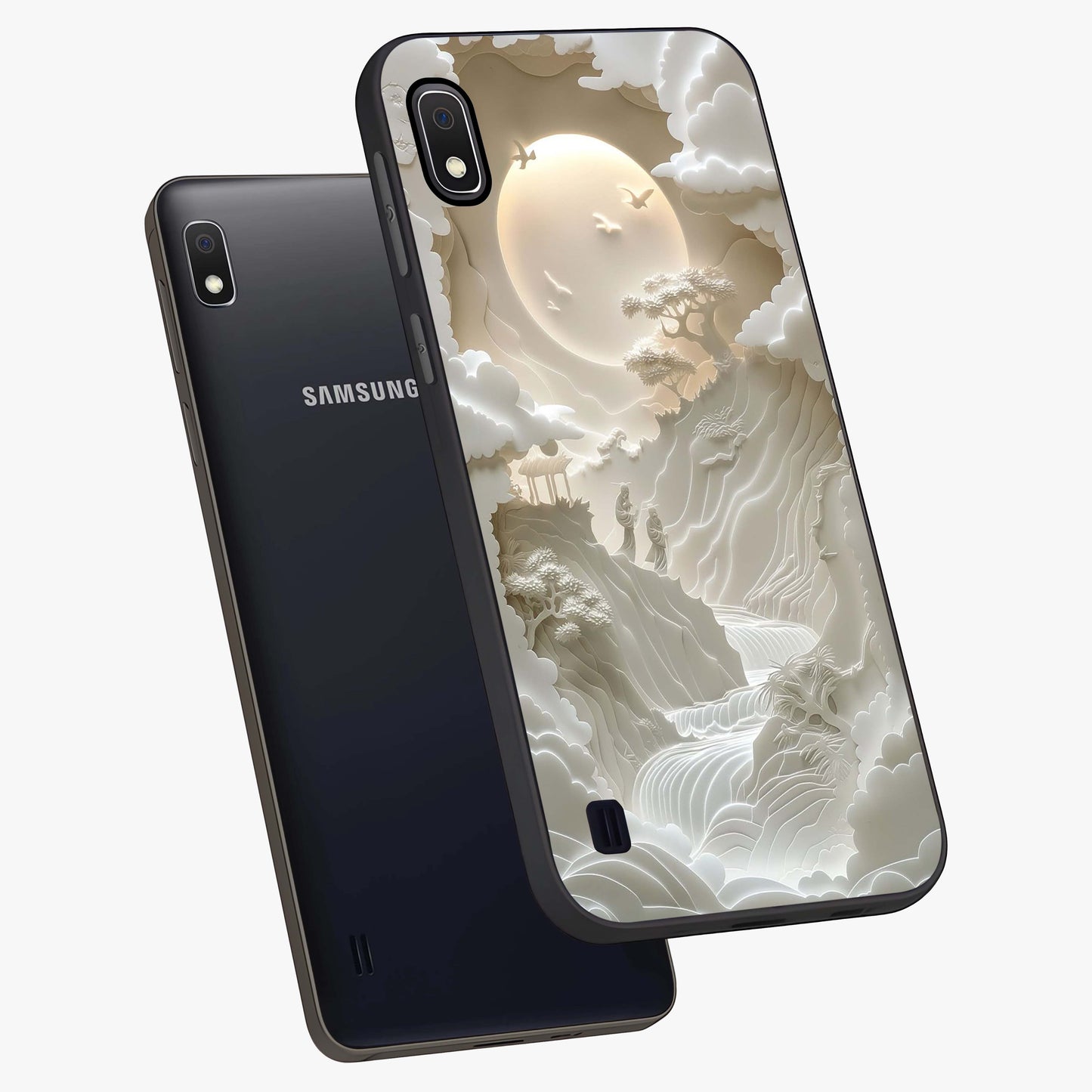 Celestial Origami Glass Case displayed in angled mockup highlighting geometric origami design with cosmic aesthetic theme.