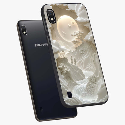 Celestial Origami Glass Case displayed in angled mockup highlighting geometric origami design with cosmic aesthetic theme.