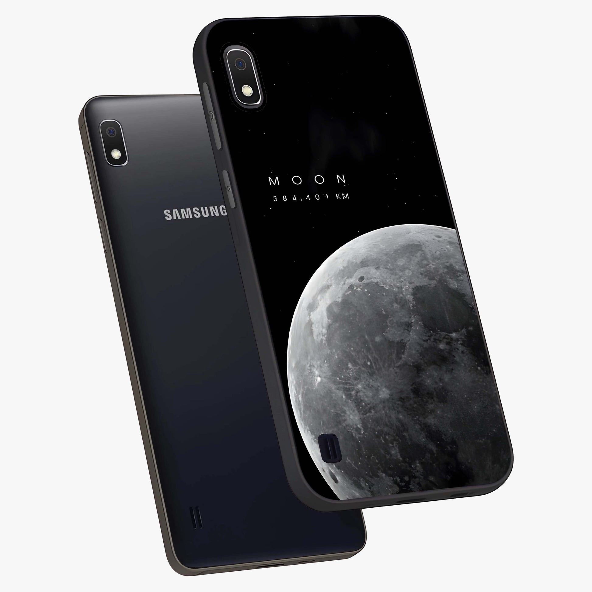 Cosmic Moon Glow Glass Case displayed in angled mockup highlighting celestial moon design with cosmic aesthetic theme.