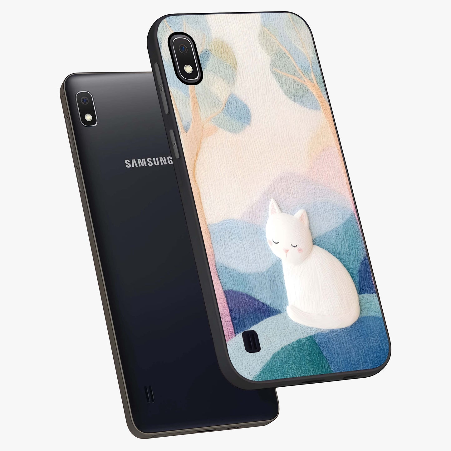 Cotton Dream Cat Glass Case displayed in angled mockup highlighting cute feline illustration with pastel aesthetic style.