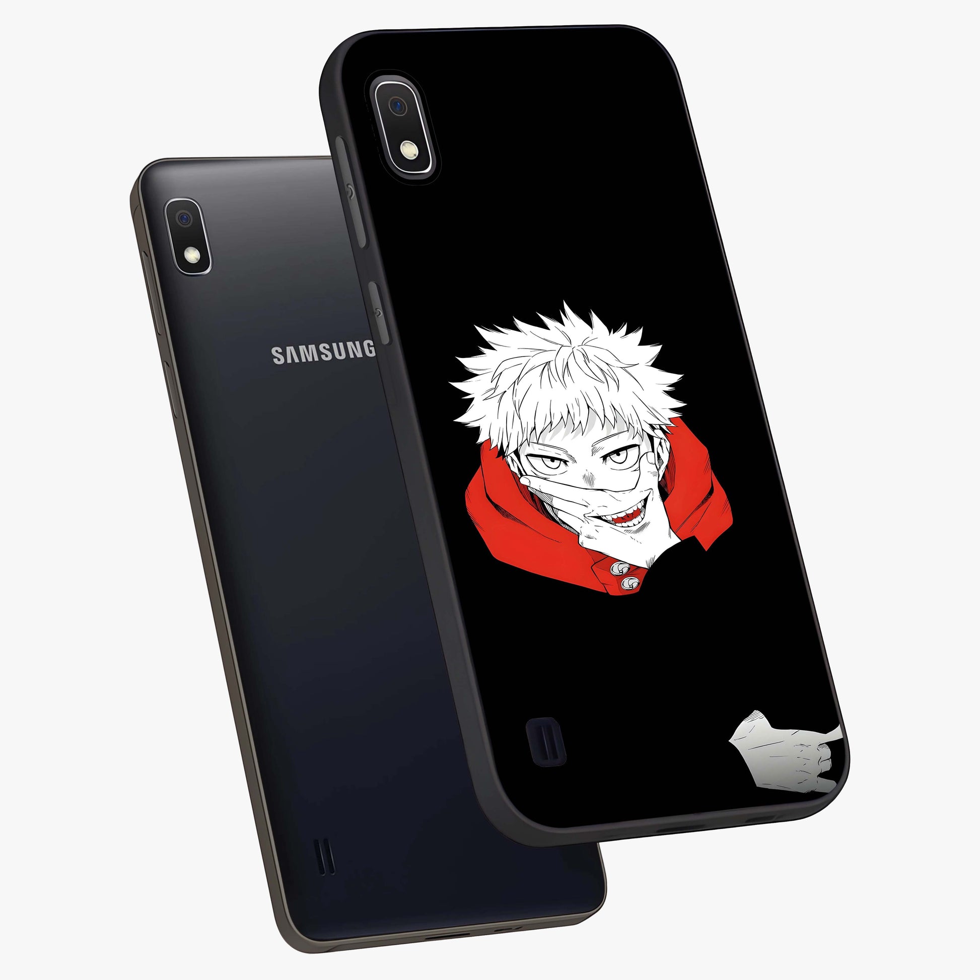 Crimson Chaos Smile Glass Case displayed in angled mockup highlighting edgy crimson smile design with graphic aesthetic.