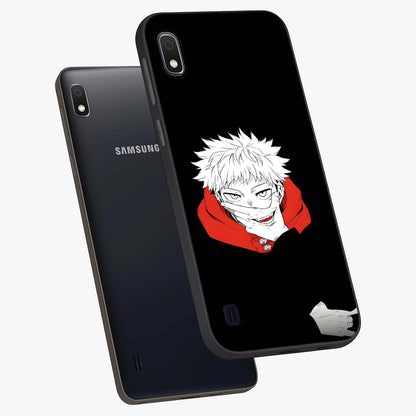 Crimson Chaos Smile Glass Case displayed in angled mockup highlighting edgy crimson smile design with graphic aesthetic.