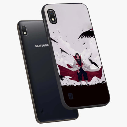 Crimson Crow Ascension Glass Case displayed in angled mockup highlighting powerful crow illustration with dark crimson aesthetic.