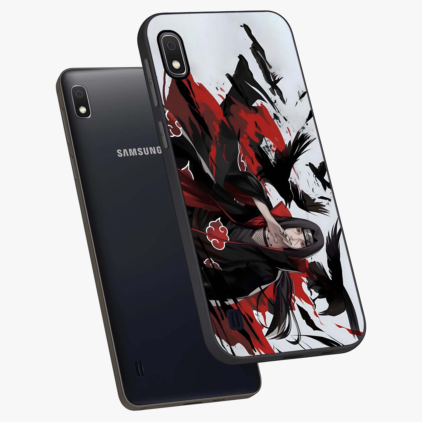 Crimson Crow Illusion Glass Case displayed in angled mockup highlighting mysterious crow graphic with dark aesthetic style.