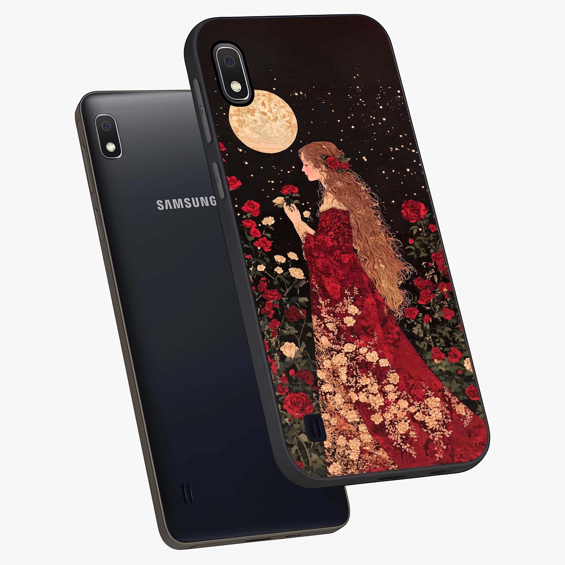Crimson Dreams Glass Case displayed in angled mockup highlighting soft crimson aesthetic design with artistic theme.