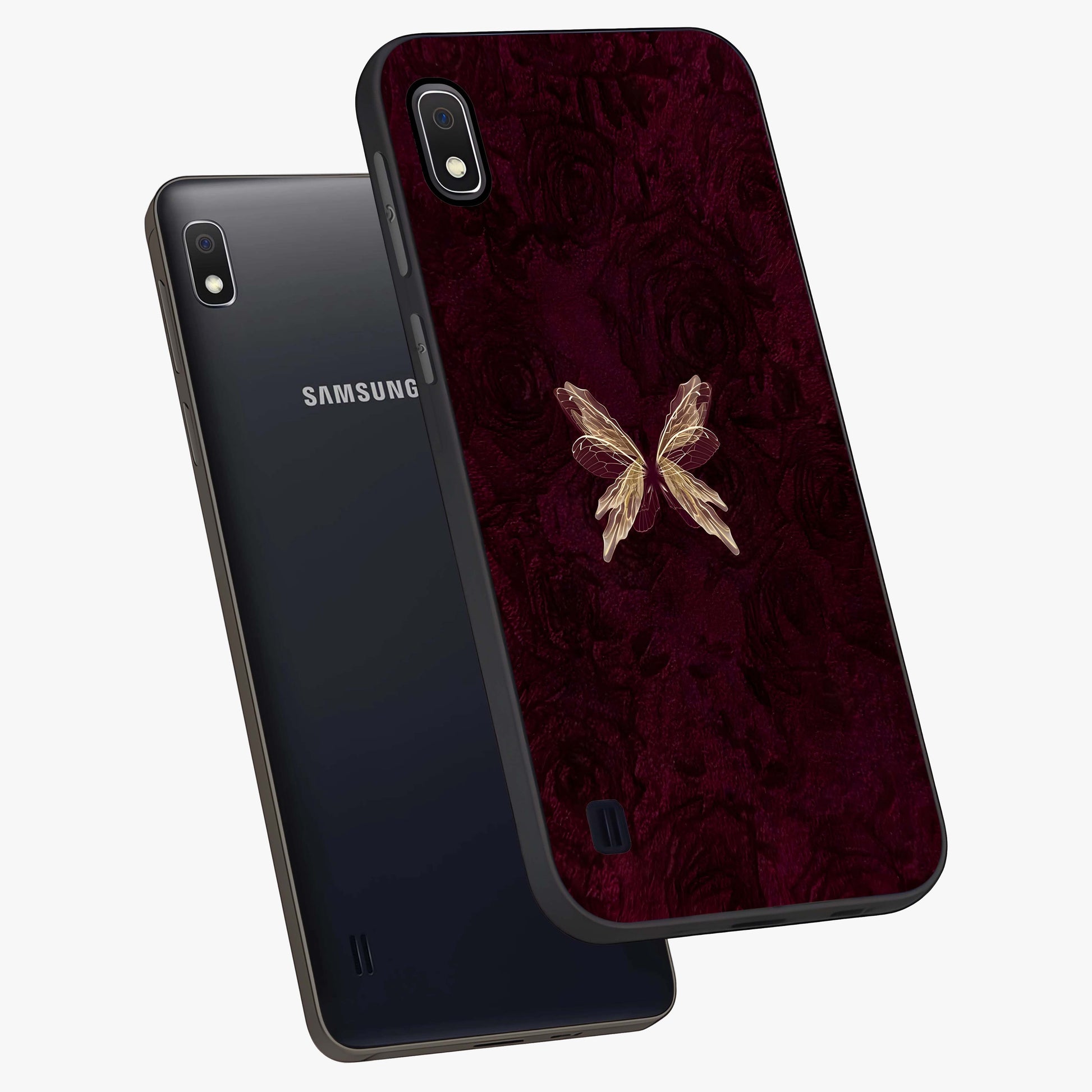 Crimson Fade Butterfly Glass Case displayed in angled mockup highlighting elegant butterfly design with crimson gradient aesthetic.