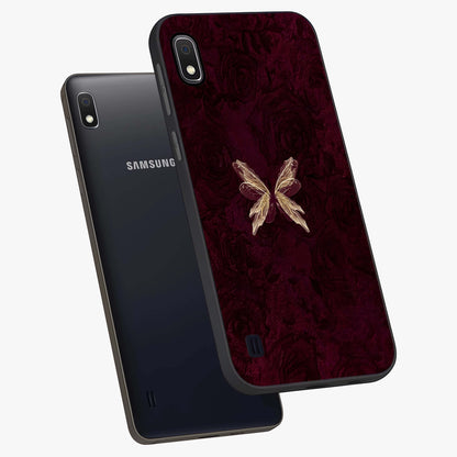 Crimson Fade Butterfly Glass Case displayed in angled mockup highlighting elegant butterfly design with crimson gradient aesthetic.
