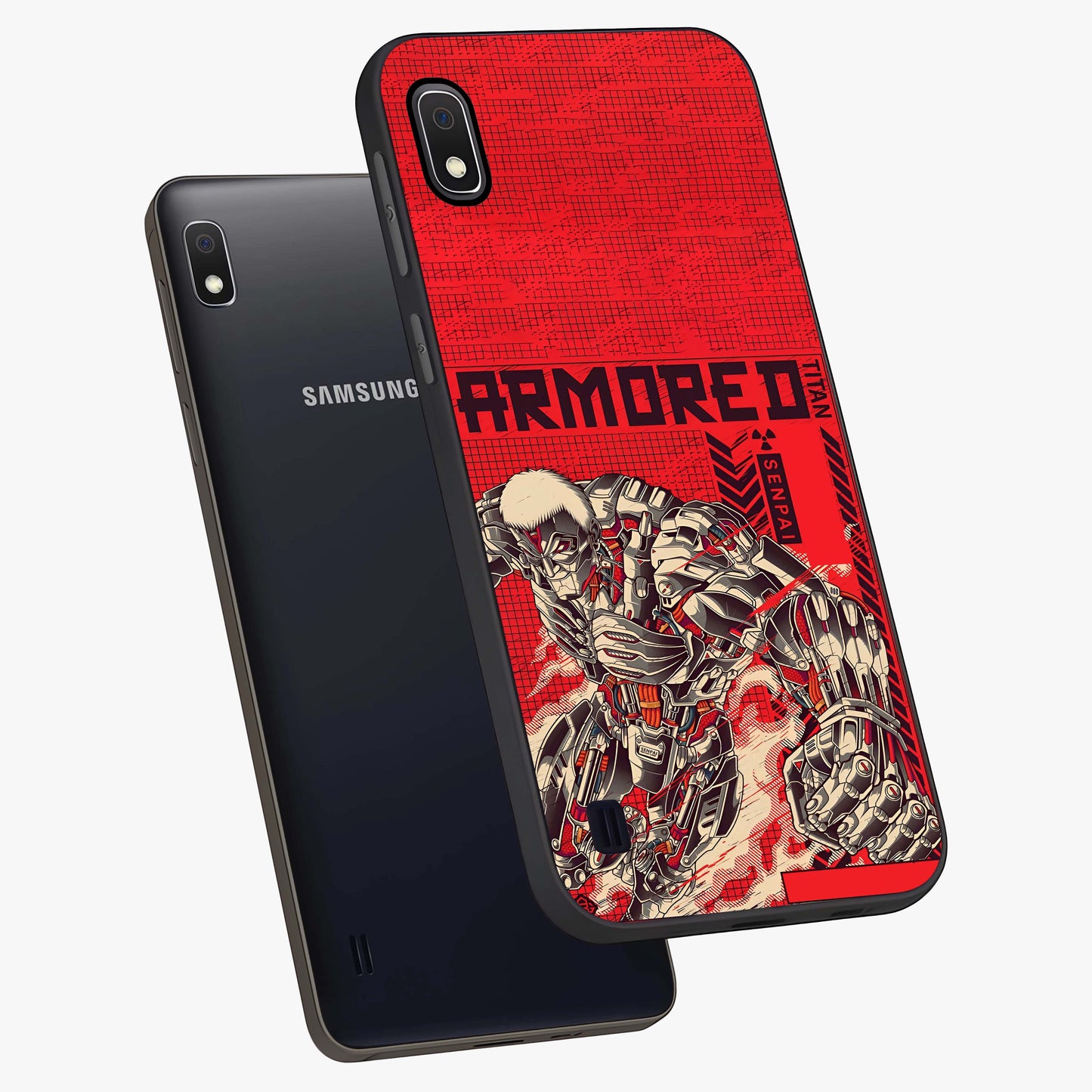 Crimson Mecha Titan Glass Case displayed in angled mockup highlighting futuristic mech illustration with bold crimson aesthetic.