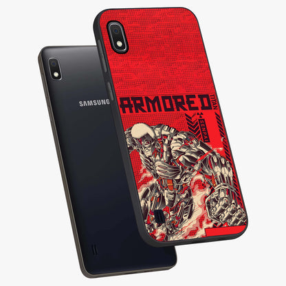 Crimson Mecha Titan Glass Case displayed in angled mockup highlighting futuristic mech illustration with bold crimson aesthetic.