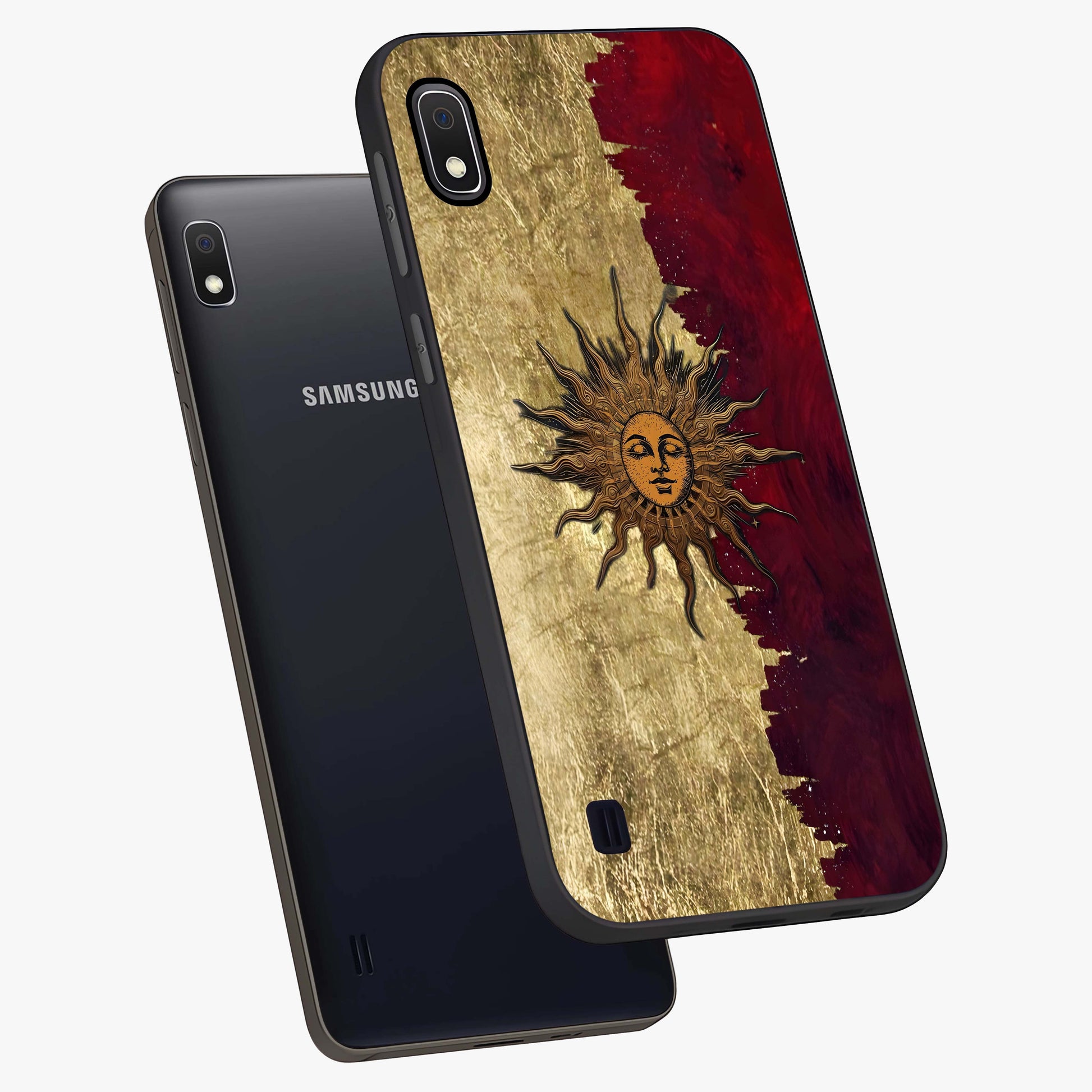 Crimson Sun Majesty Glass Case displayed in angled mockup highlighting majestic crimson sun design with bold aesthetic style.