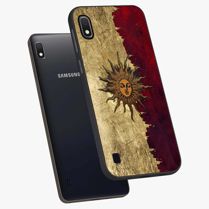 Crimson Sun Majesty Glass Case displayed in angled mockup highlighting majestic crimson sun design with bold aesthetic style.