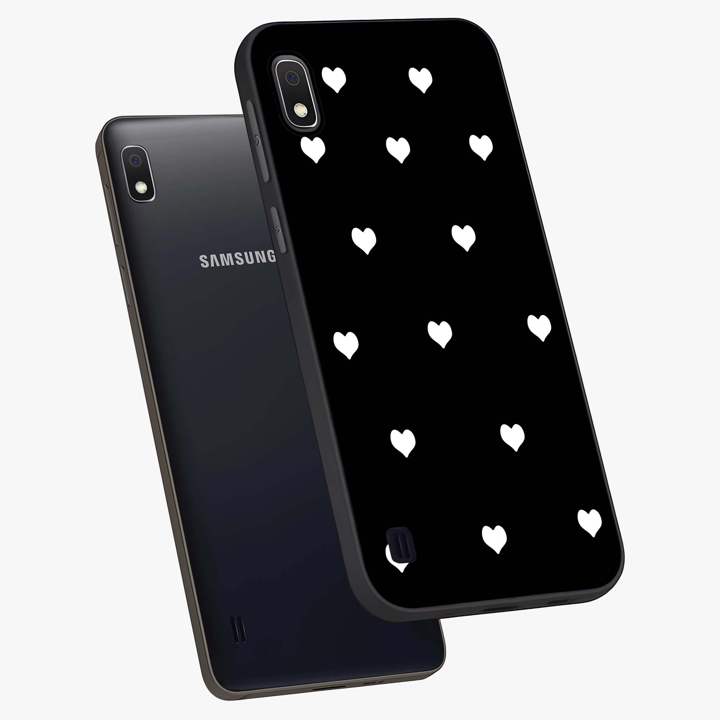 Cute And Simple White Hearts Glass Case displayed in angled mockup highlighting cute heart design with clean aesthetic style.