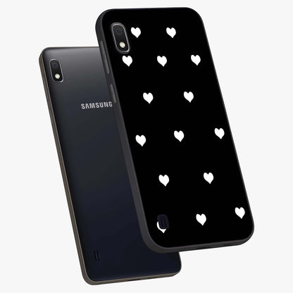Cute And Simple White Hearts Glass Case displayed in angled mockup highlighting cute heart design with clean aesthetic style.