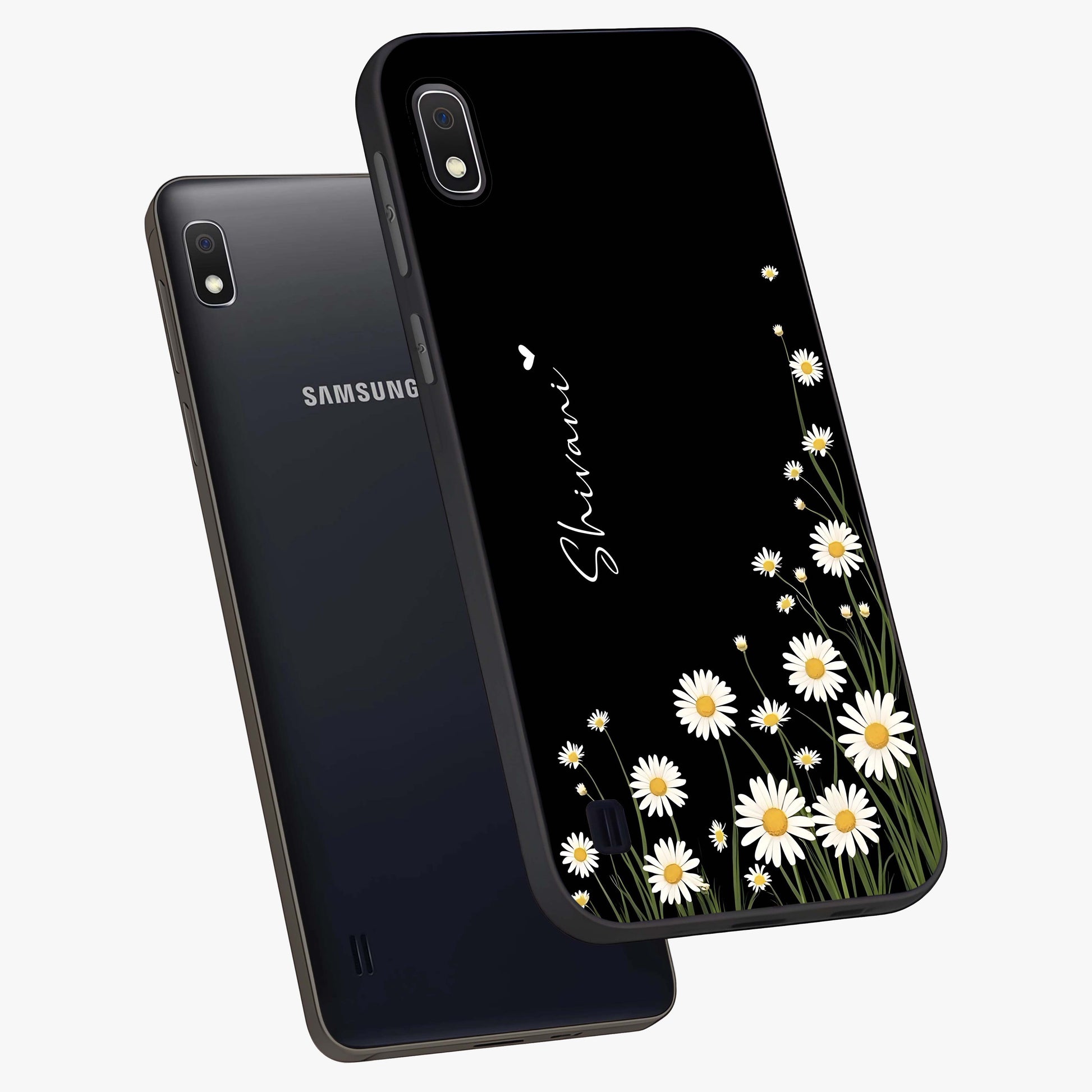 Daisy Cascade Custom Name Glass Case displayed in angled mockup highlighting delicate daisy artwork with custom name feature.