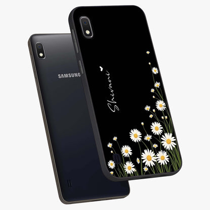 Daisy Cascade Custom Name Glass Case displayed in angled mockup highlighting delicate daisy artwork with custom name feature.