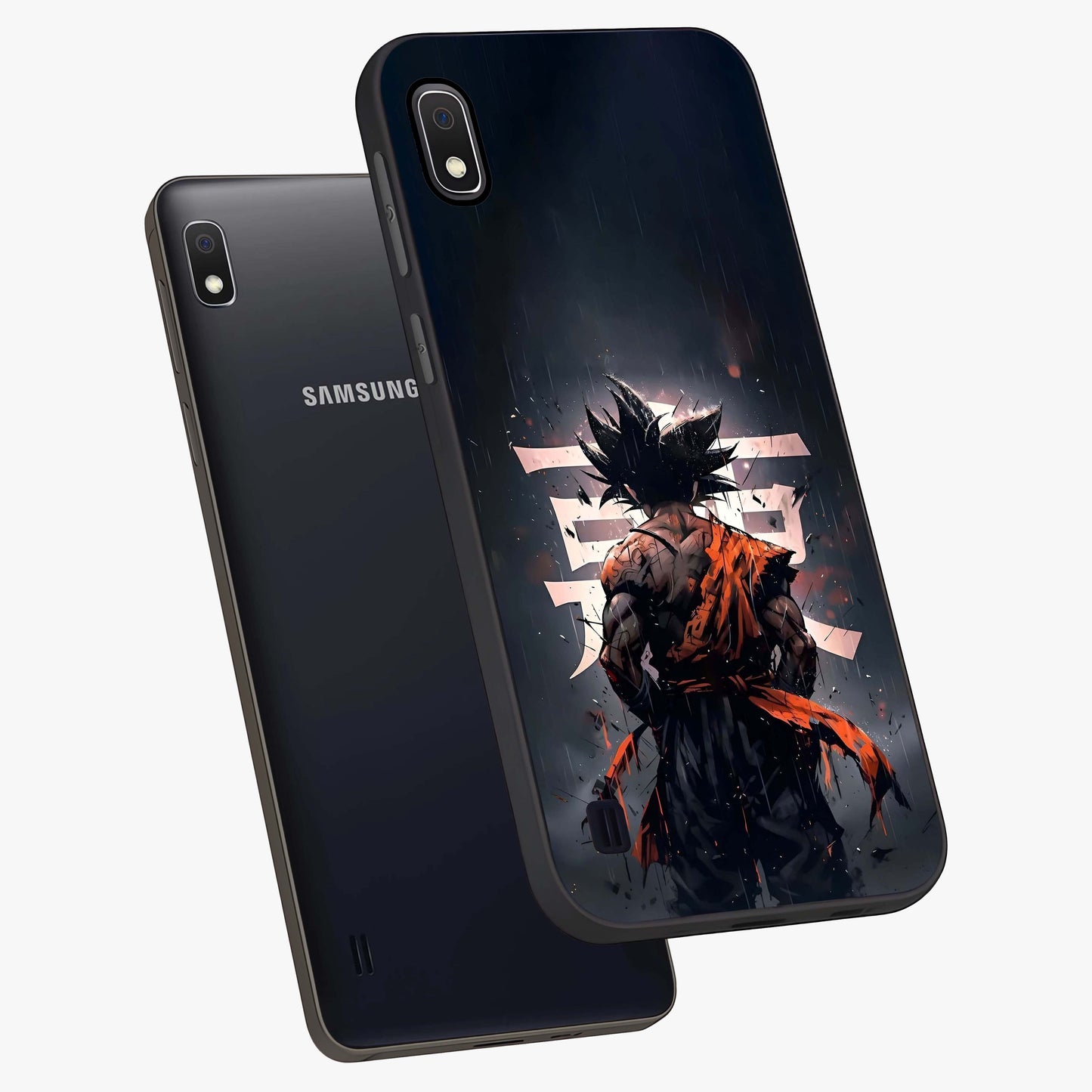 Dark Warrior In Rain Glass Case displayed in angled mockup highlighting dramatic warrior illustration with dark rain aesthetic.