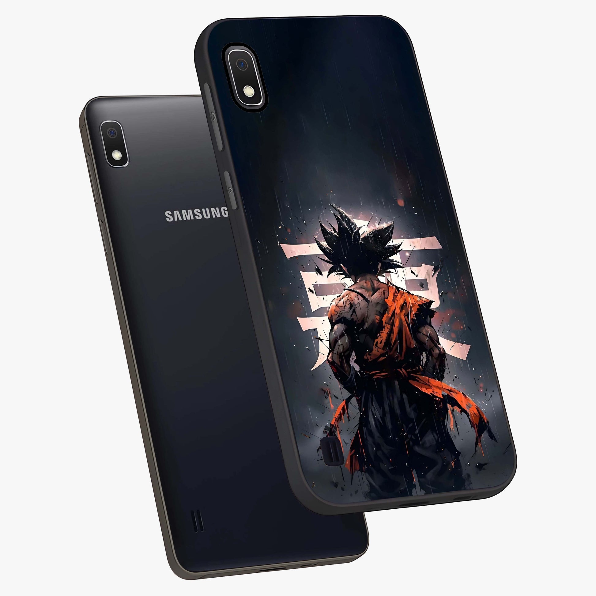 Dark Warrior In Rain Glass Case displayed in angled mockup highlighting dramatic warrior illustration with dark rain aesthetic.