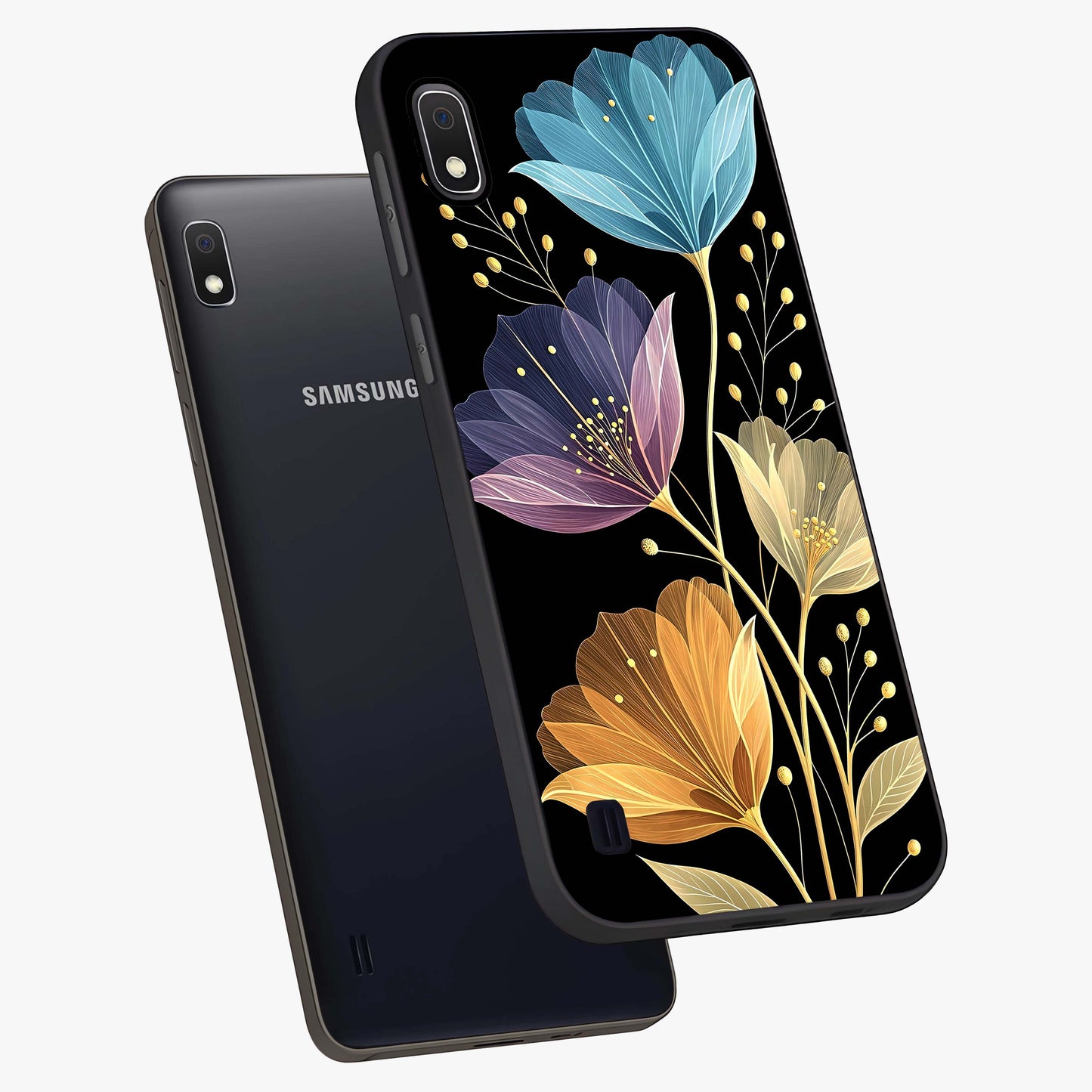 Delicate Multicolor Flowers Glass Case displayed in angled mockup highlighting colorful flower pattern with soft aesthetic style.