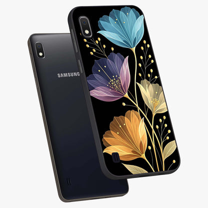 Delicate Multicolor Flowers Glass Case displayed in angled mockup highlighting colorful flower pattern with soft aesthetic style.