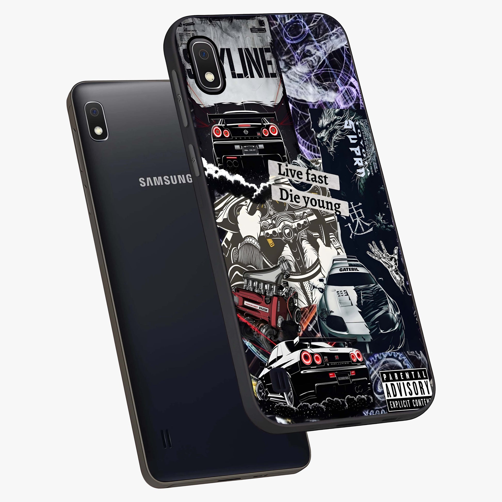 Die Young Glass Case displayed in angled mockup highlighting expressive graphic artwork with edgy aesthetic style.