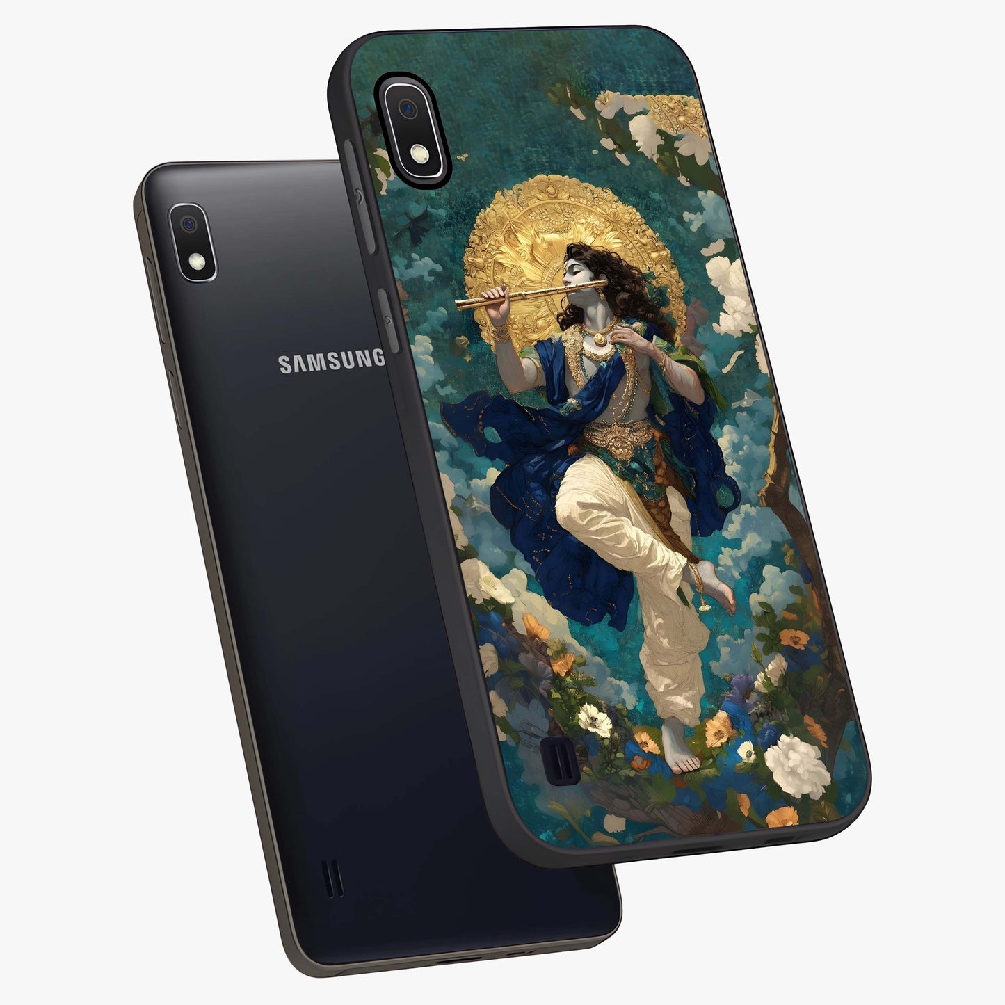 Divine Krishna Art Glass Case displayed in angled mockup highlighting spiritual Krishna illustration with devotional aesthetic.