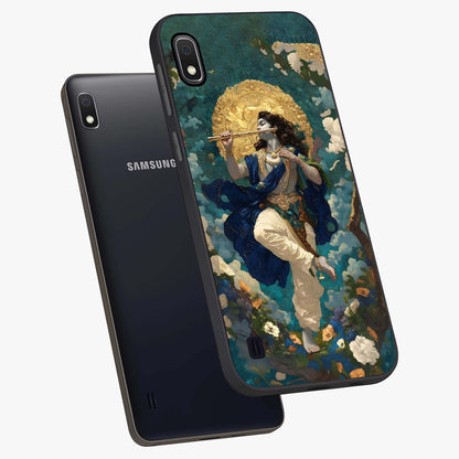 Divine Krishna Art Glass Case displayed in angled mockup highlighting spiritual Krishna illustration with devotional aesthetic.