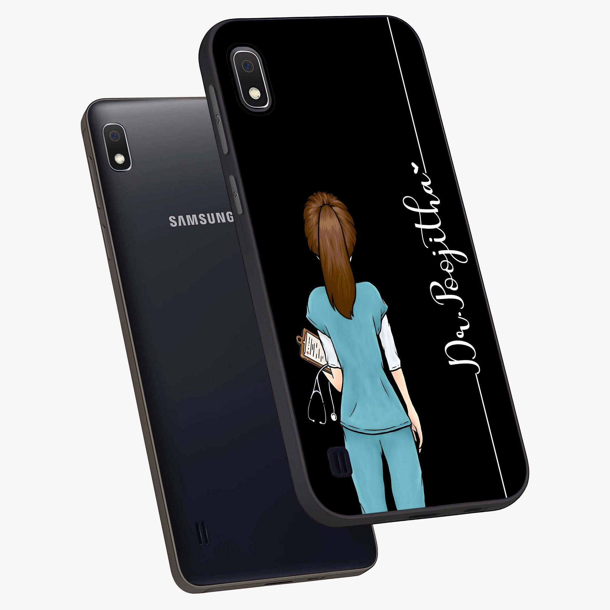 Doctor Pattern Custom Name Glass Case displayed in angled mockup highlighting doctor inspired artwork with custom name feature.