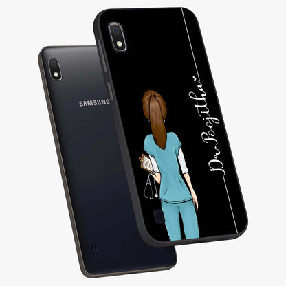 Doctor Pattern Custom Name Glass Case displayed in angled mockup highlighting doctor inspired artwork with custom name feature.