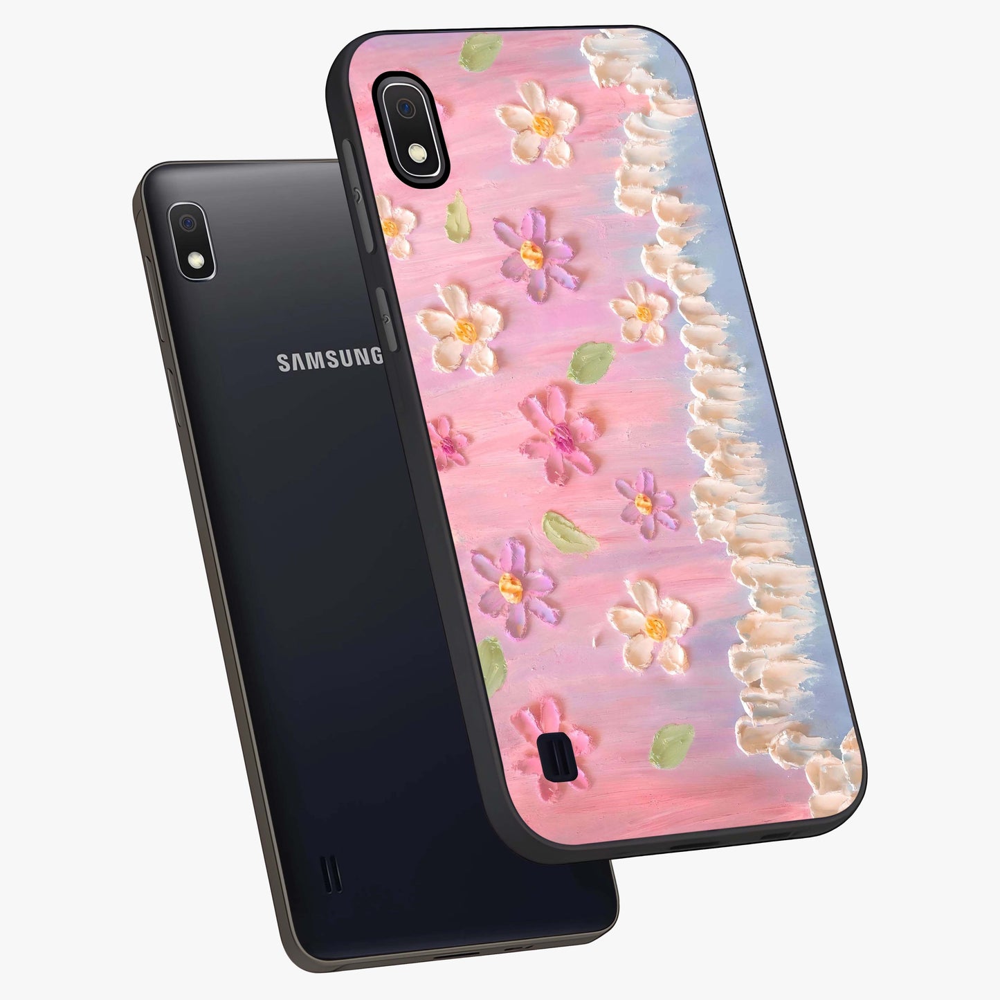 Dreamy Painted Garden Glass Case displayed in angled mockup highlighting colorful garden illustration with dreamy aesthetic style.