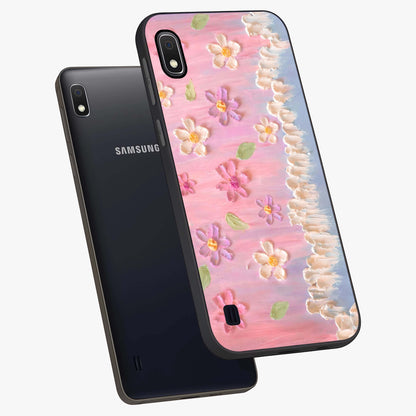 Dreamy Painted Garden Glass Case displayed in angled mockup highlighting colorful garden illustration with dreamy aesthetic style.