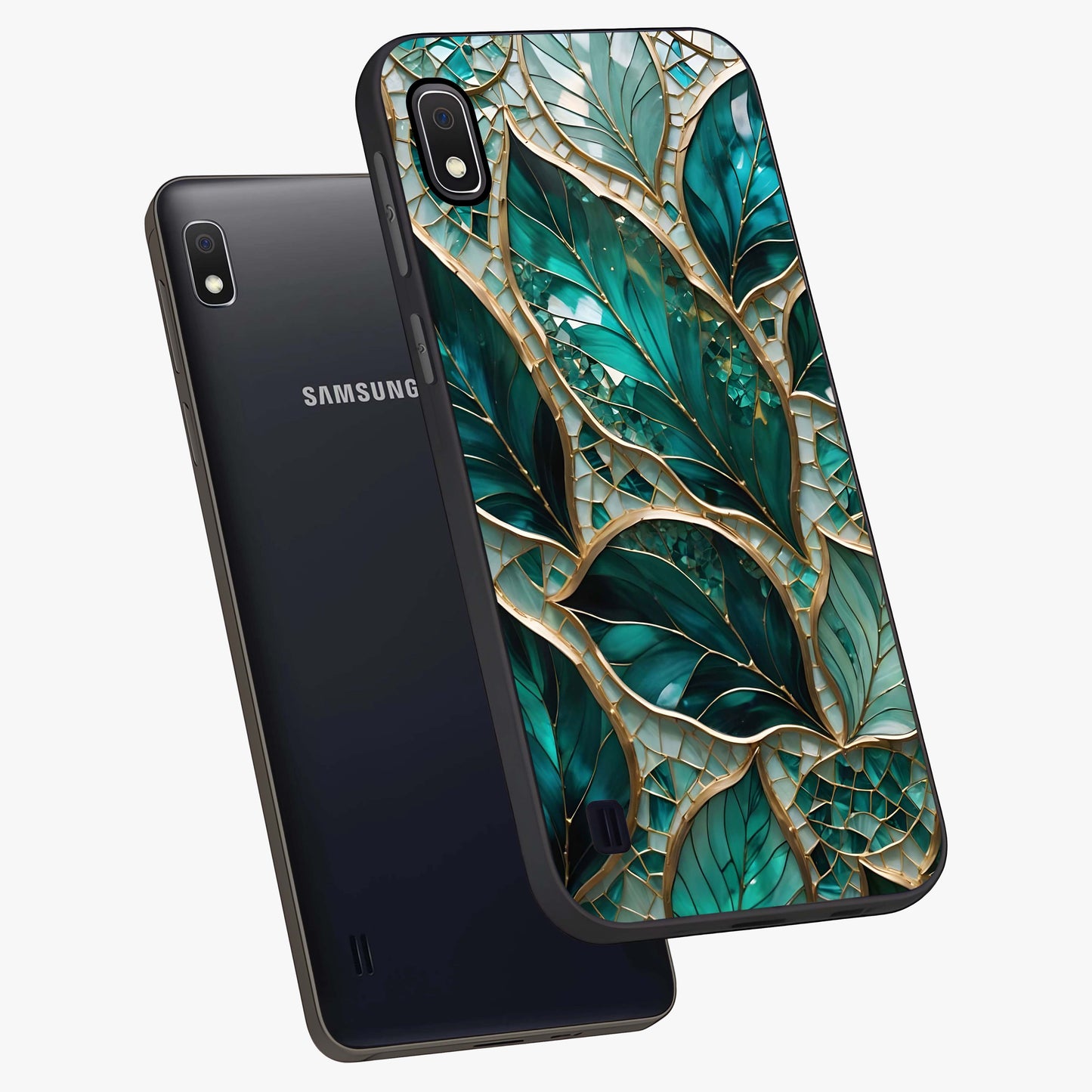Emerald Leaf Glass Glass Case displayed in angled mockup highlighting botanical leaf illustration with elegant natural aesthetic.