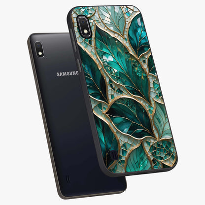 Emerald Leaf Glass Glass Case displayed in angled mockup highlighting botanical leaf illustration with elegant natural aesthetic.