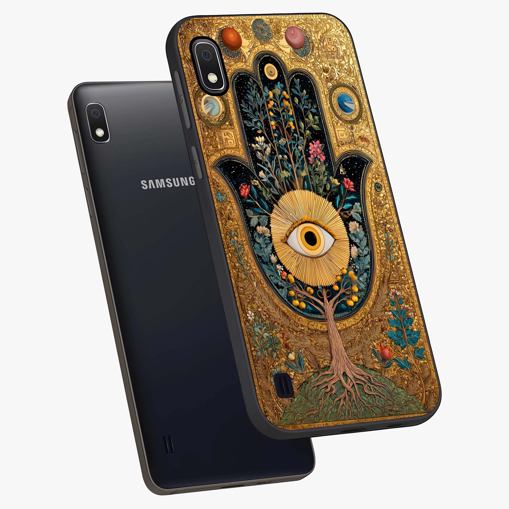Ethereal Evil Eye Glass Case displayed in angled mockup highlighting protective evil eye symbol with spiritual aesthetic design.