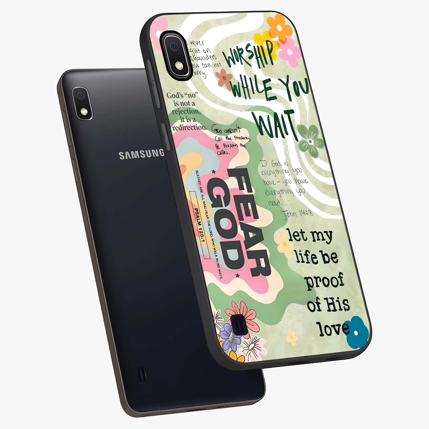 Faith Over Fear Glass Case displayed in angled mockup highlighting inspirational message design with modern aesthetic style.