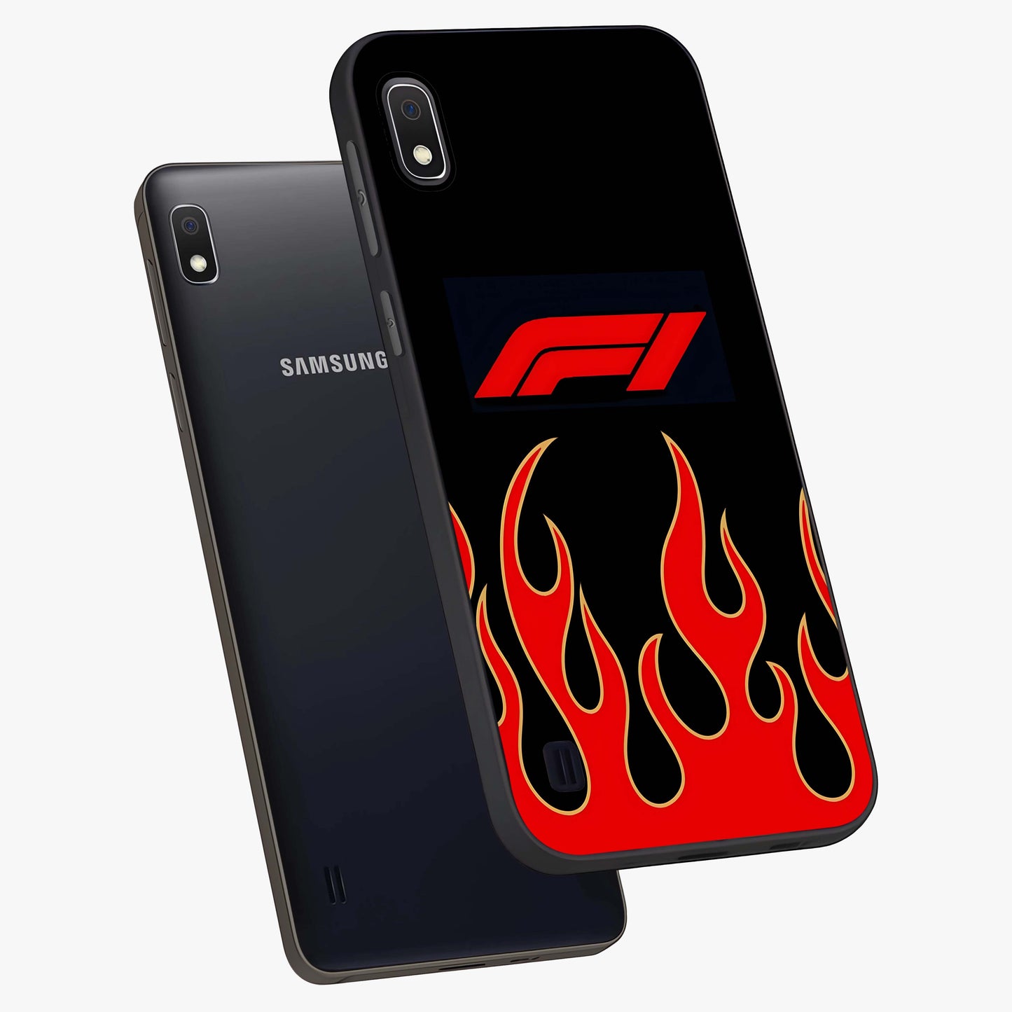 Fire F11 Glass Case displayed in angled mockup highlighting bold fire inspired graphic with energetic aesthetic style.