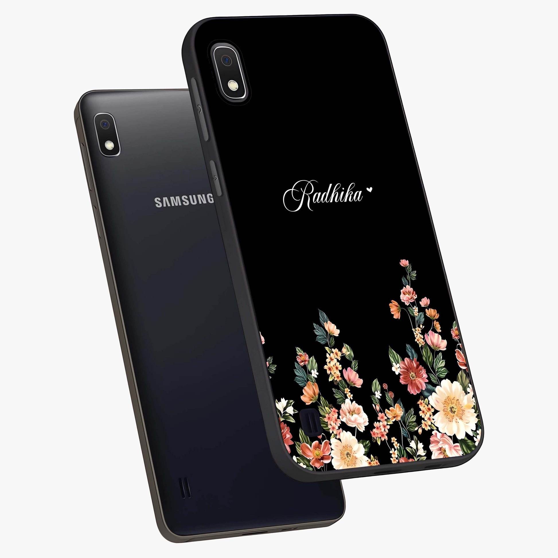 Floral Design With a Custom Personalized Name Glass Case displayed in angled mockup highlighting elegant floral pattern with custom name feature.