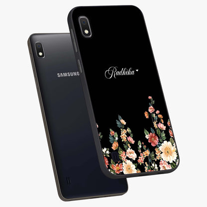 Floral Design With a Custom Personalized Name Glass Case displayed in angled mockup highlighting elegant floral pattern with custom name feature.