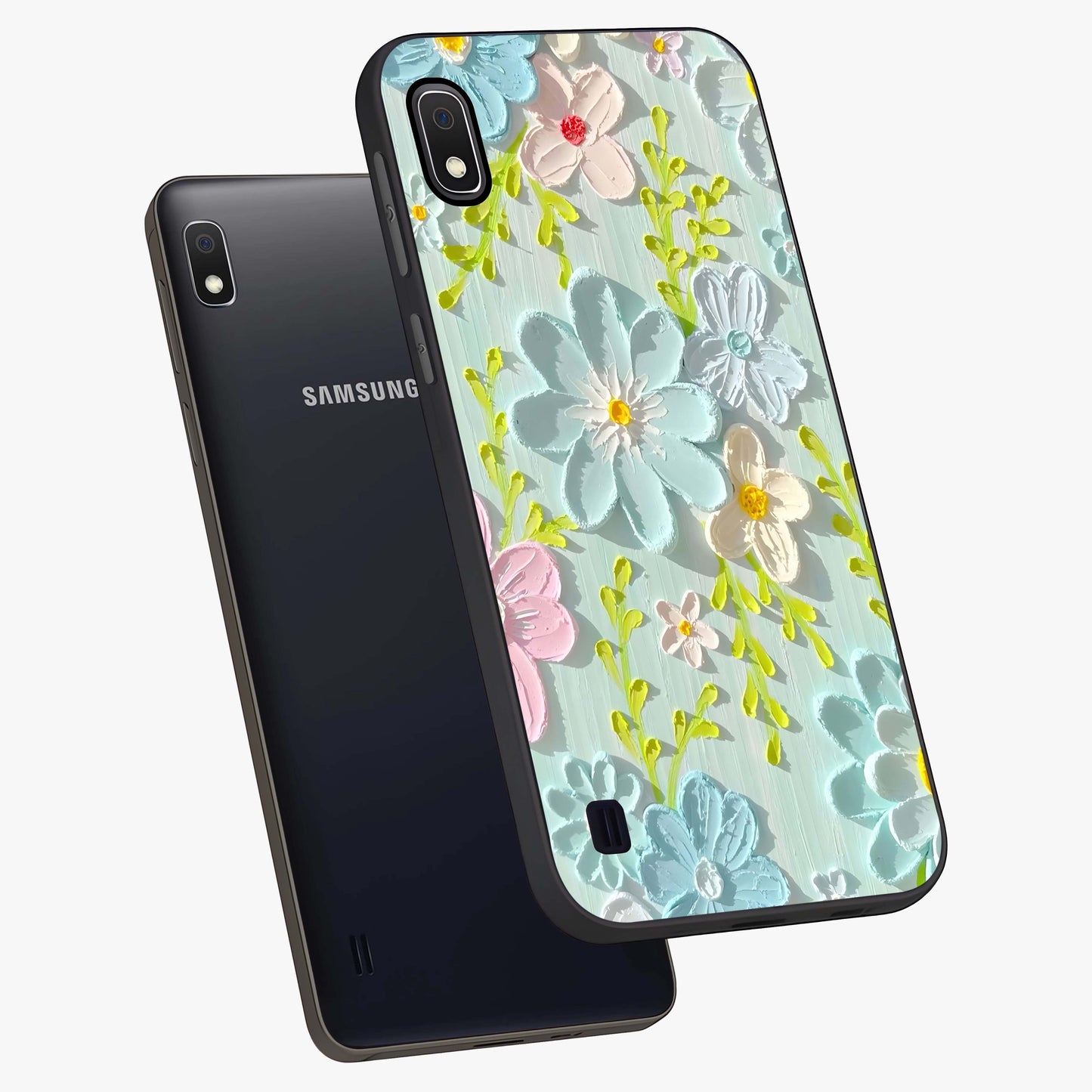 Frosted Petal Garden Glass Case displayed in angled mockup highlighting delicate flower petal design with calm garden aesthetic.