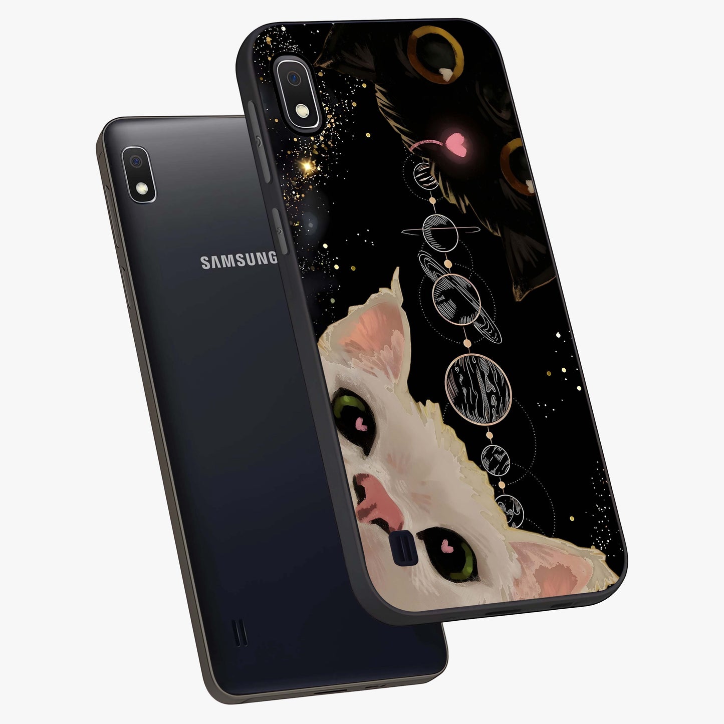 Galactic Cat Glass Case displayed in angled mockup highlighting celestial feline illustration with galaxy aesthetic style.
