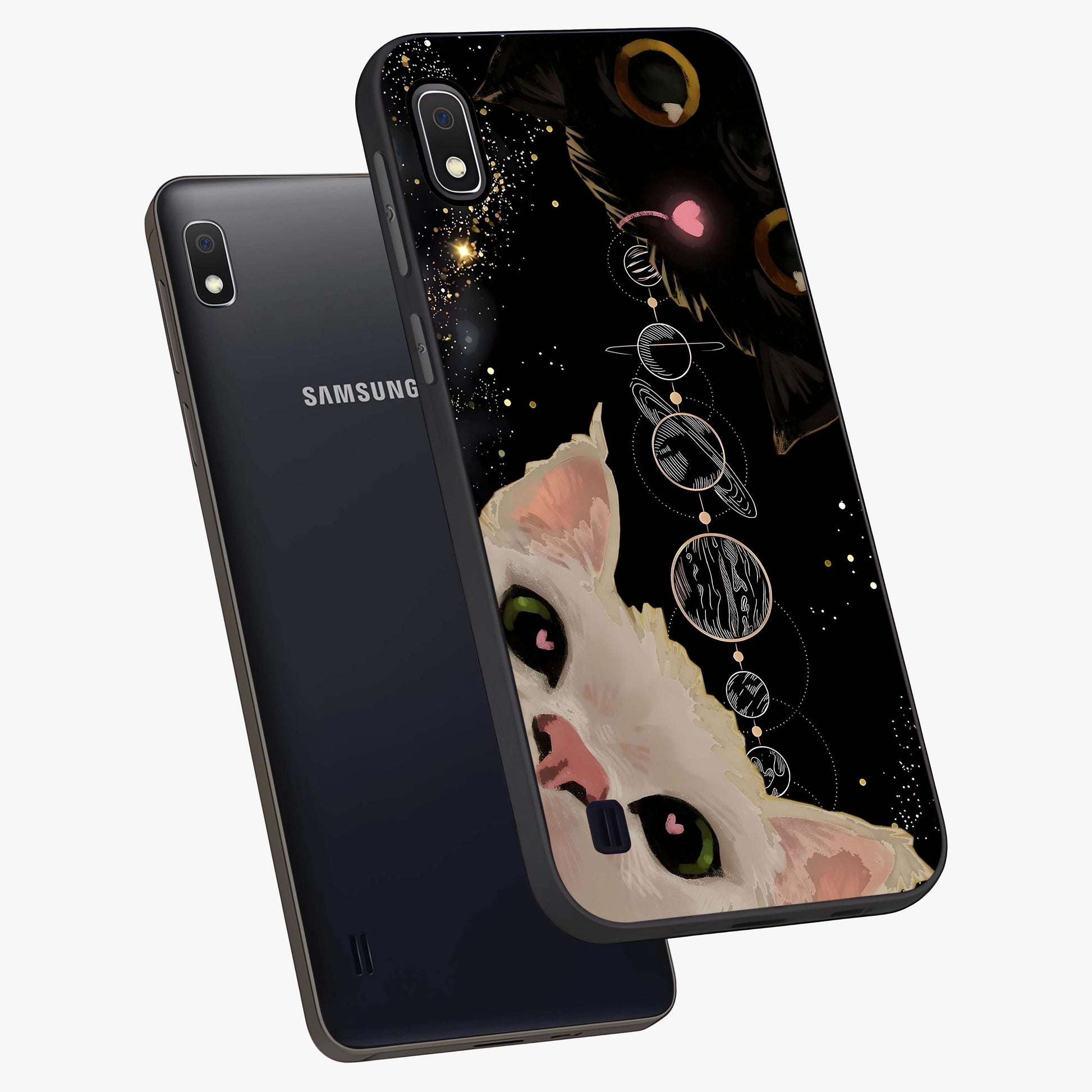 Galactic Cat Glass Case displayed in angled mockup highlighting celestial feline illustration with galaxy aesthetic style.