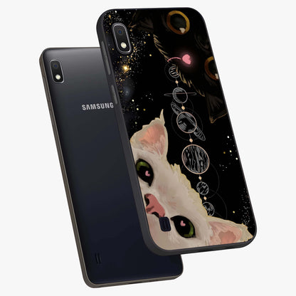 Galactic Cat Glass Case displayed in angled mockup highlighting celestial feline illustration with galaxy aesthetic style.