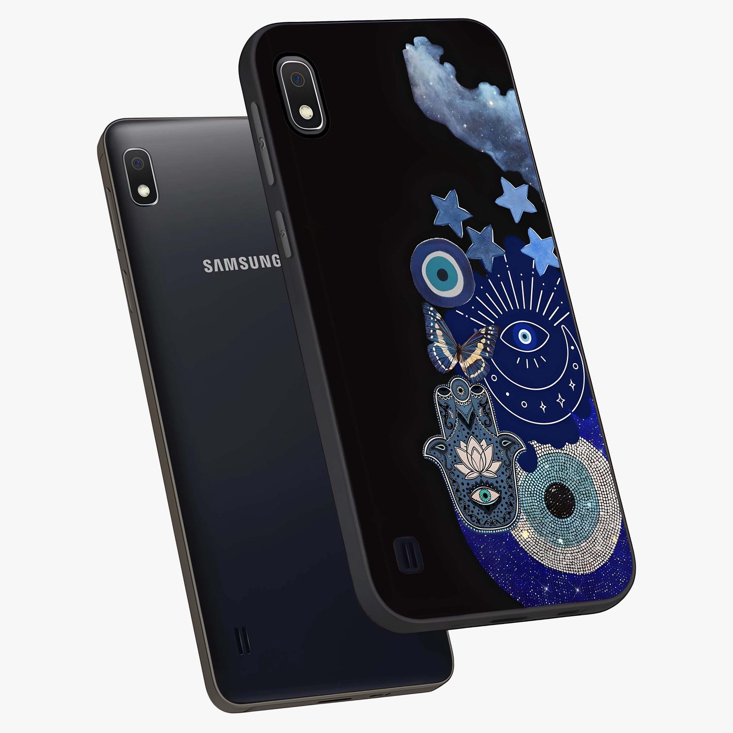 Galactic Charm Cluster Glass Case displayed in angled mockup highlighting luminous galaxy inspired design with dreamy aesthetic.